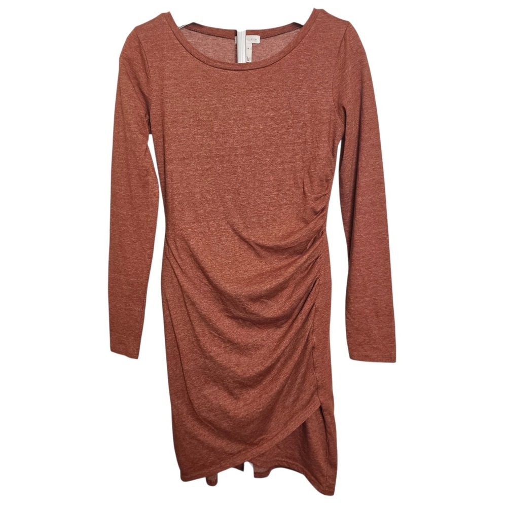 Leith Ruched Bodycon Mini Dress M Long Sleeve Knit Rust Women's Fitted Stretch